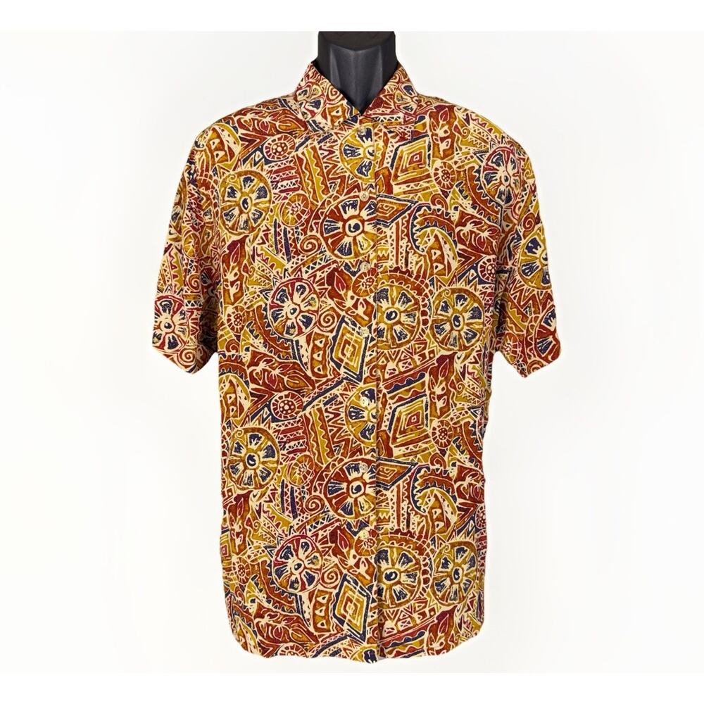 VTG 90s Amanda Smith Silk Button Blouse 20W Earth Tone Tribal Abstract Art Shirt